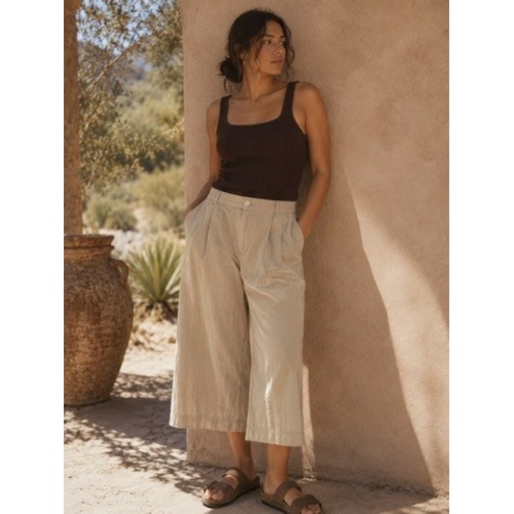LOFT Womens Beige 100% Cotton Pleated Wide‎ Leg Crop Pants Size 10 S/760629